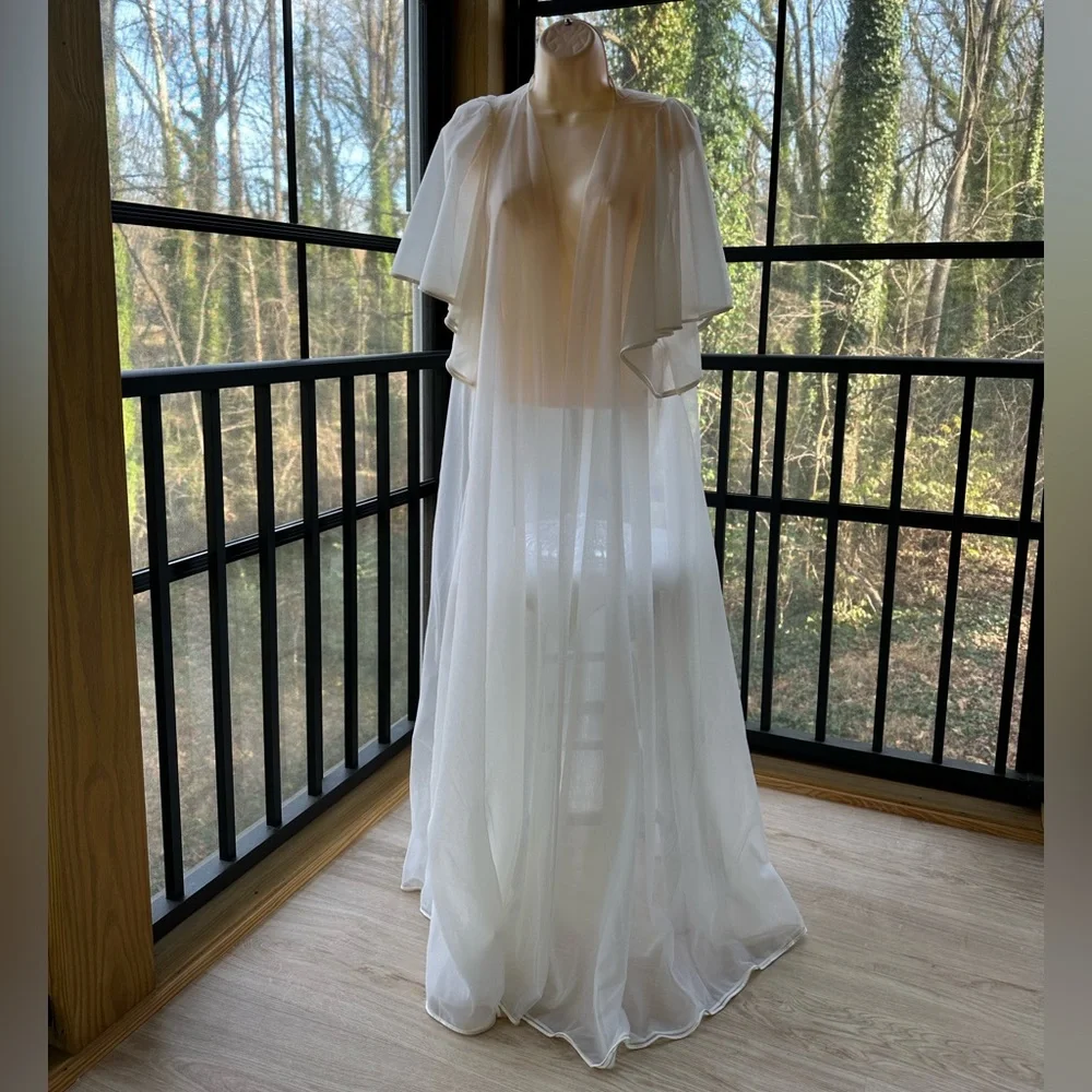 Vintage White Sheer Duster Lagenlook Feminine Layer With Cape Flutter Sleeves~ M - Picture 3 of 11